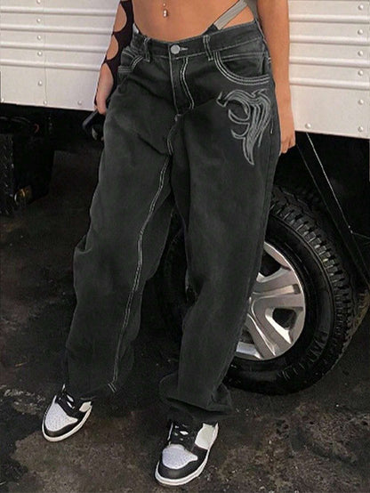 Women'S Slim Embroidered Black Straight Leg Pants