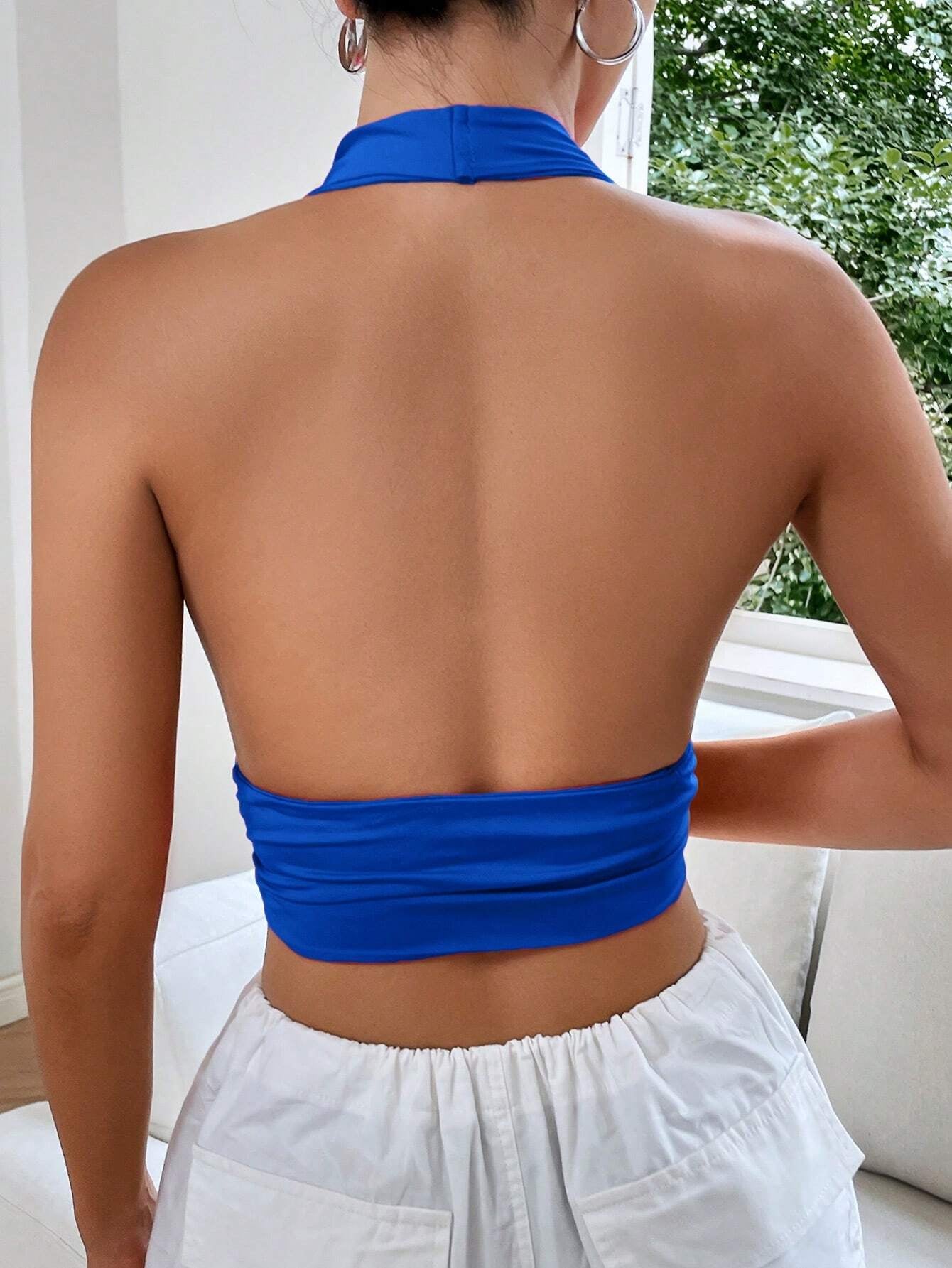 Ezwear Women'S Summer Fashionable Solid Blue Halter Neck Tie Back Backless Bikini Top