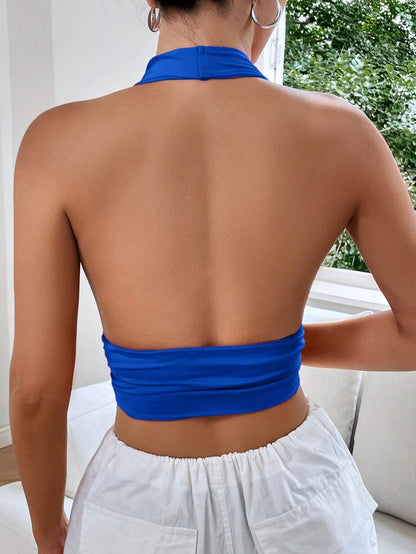 Ezwear Women'S Summer Fashionable Solid Blue Halter Neck Tie Back Backless Bikini Top