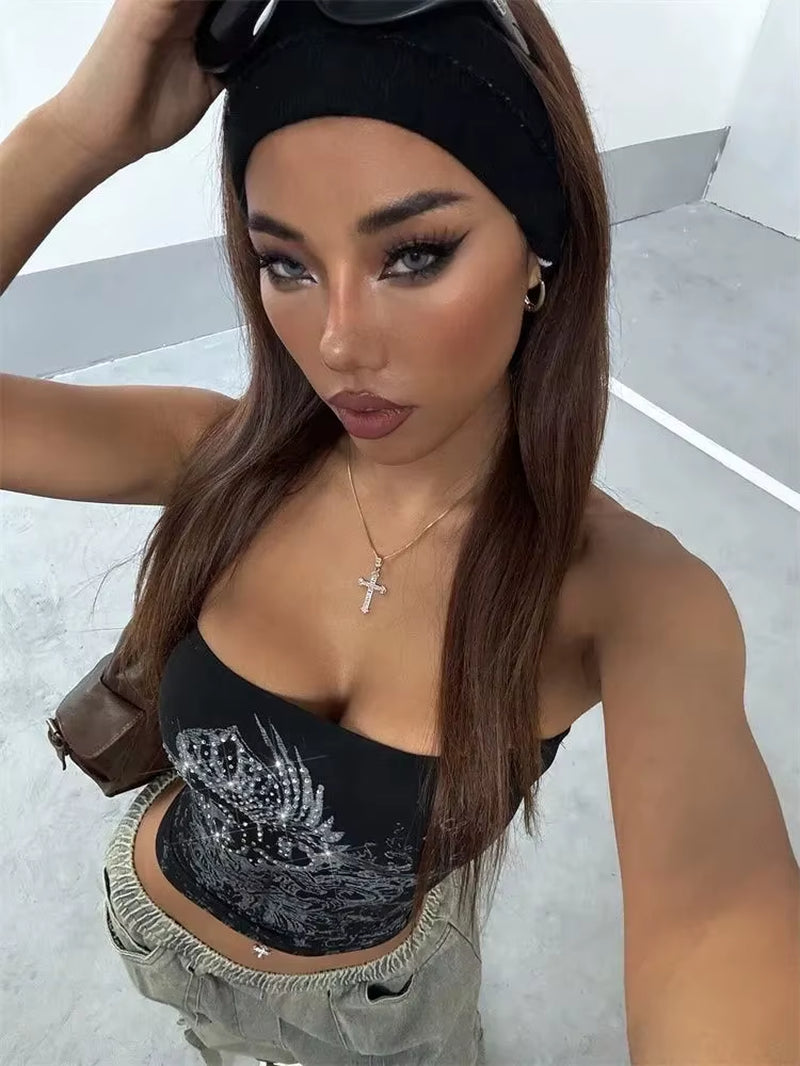 Women Gothic Print Tube Top Summer Y2K Clothes Sleeveless off the Soulder Crop Top Streetwear
