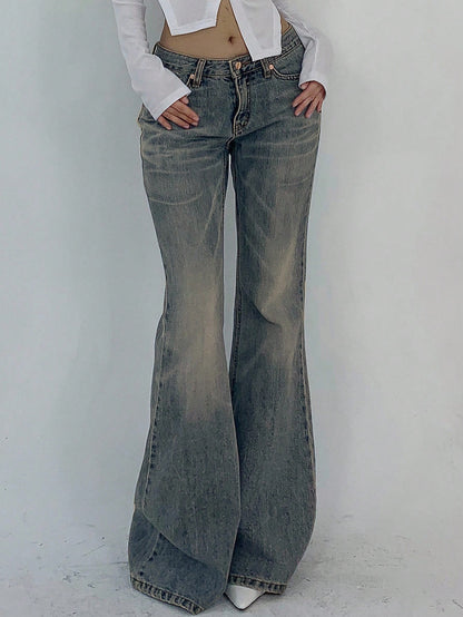 DAZY Women Casual Low-Rise Flare Leg Washed Denim Jeans Y2K Streetwear