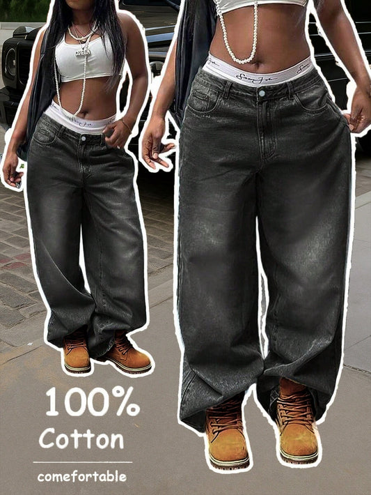Women'S Y2K Washed Vintage Wide Leg Jeans, Casual Street Style, Autumn