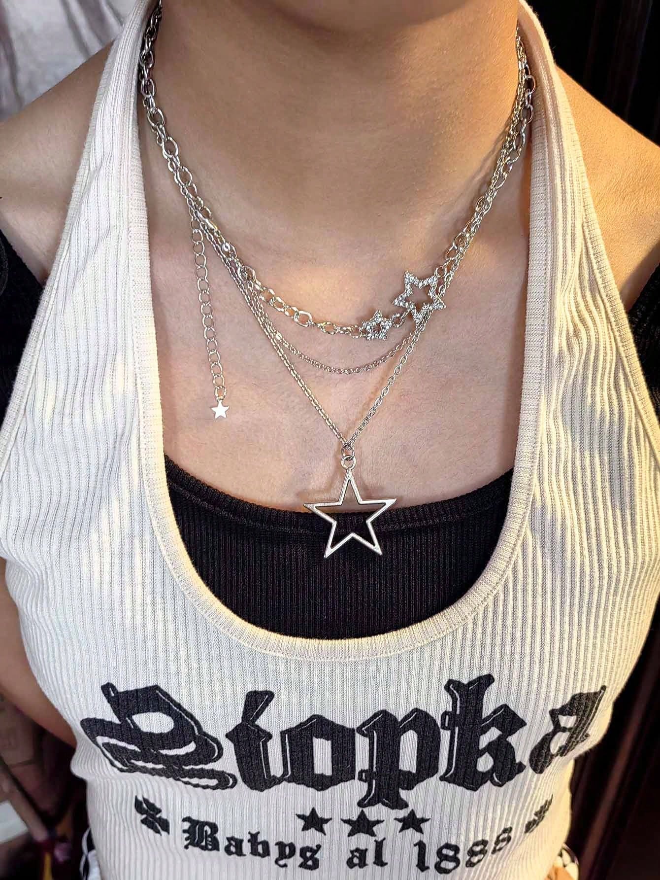 2Pcs/Set Double-Layered Necklace with Big Star Pendants, Fairy/Ins/Hip-Hop Style Collarbone Chain for Women, Y2K Jewelry