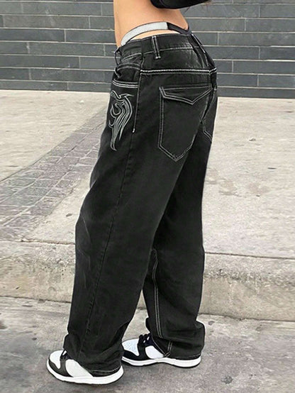 Women'S Slim Embroidered Black Straight Leg Pants