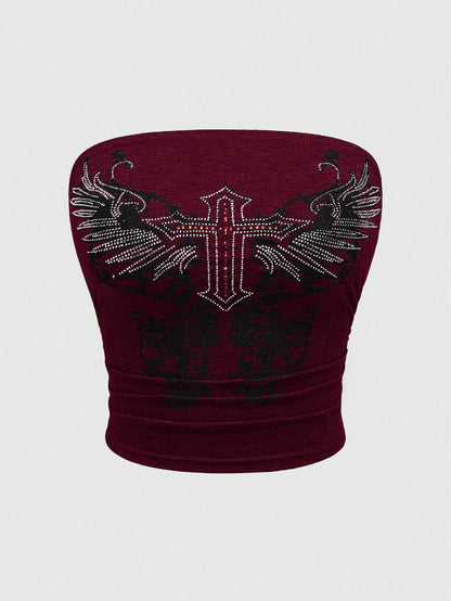 ROMWE Grunge Punk Kpop Studded Star-Printed Tube Top for Women