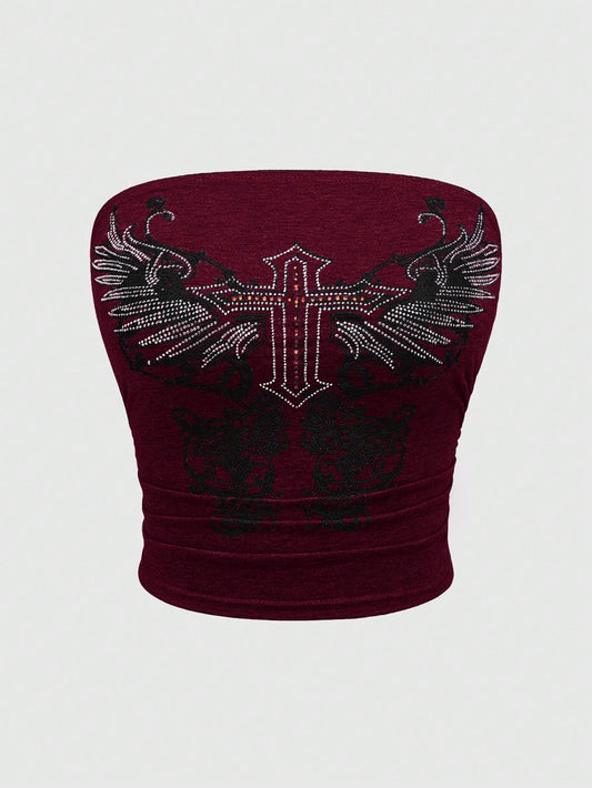 ROMWE Grunge Punk Kpop Studded Star-Printed Tube Top for Women