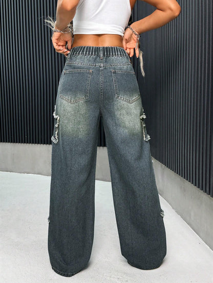 PETITE PETITE Women'S Y2K Jeans, Casual Loose Wide Leg Jeans with Star Patchwork,Wide Leg Pants, Back to School Clothes,4Th of July Clothes,Blue Baggy Jeans,Blue