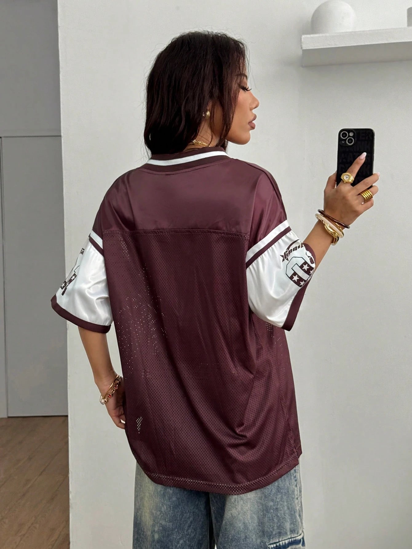 Coolane Women'S Casual Coffee Brown V-Neck Half Sleeve Patched Knitted Fabric Jersey T-Shirt