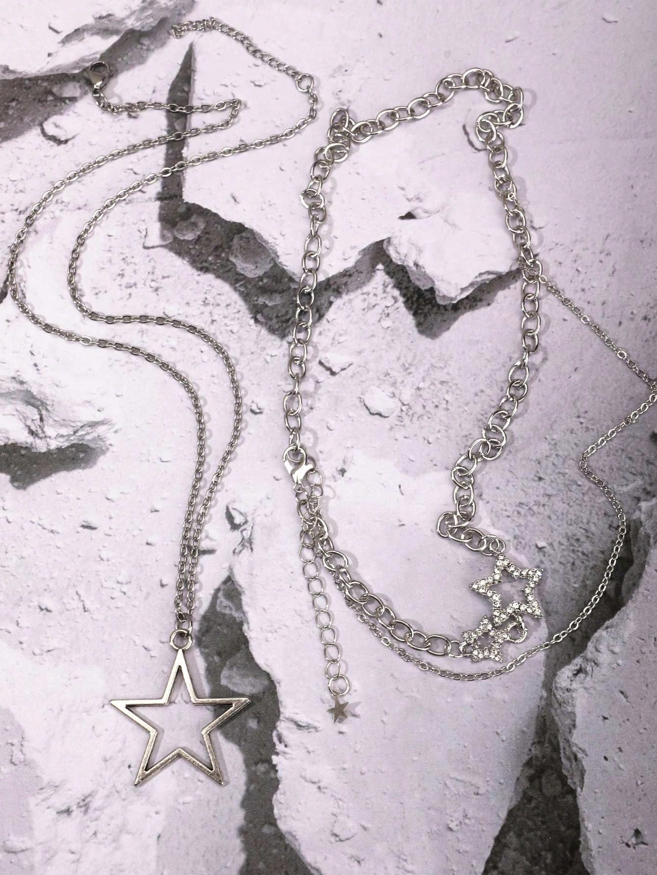 2Pcs/Set Double-Layered Necklace with Big Star Pendants, Fairy/Ins/Hip-Hop Style Collarbone Chain for Women, Y2K Jewelry