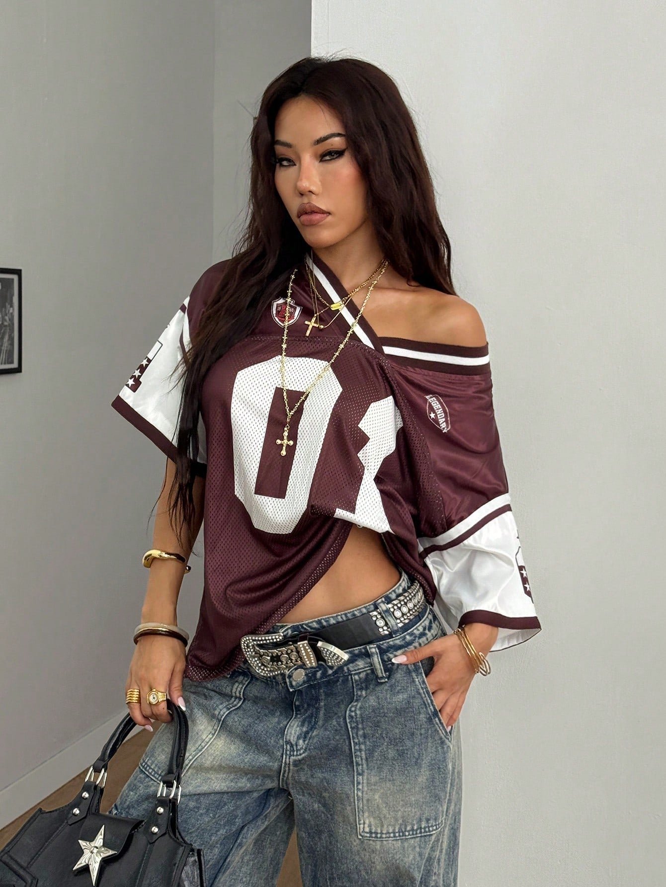 Coolane Women'S Casual Coffee Brown V-Neck Half Sleeve Patched Knitted Fabric Jersey T-Shirt