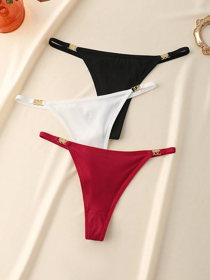 3Pcs/Pack Women'S Solid Color Metal Ring Linked Sexy G-String Panties