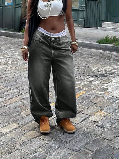 Women'S Y2K Washed Vintage Wide Leg Jeans, Casual Street Style, Autumn
