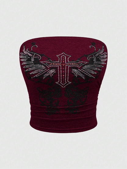 ROMWE Grunge Punk Kpop Studded Star-Printed Tube Top for Women