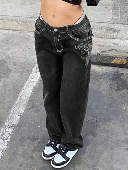 Women'S Slim Embroidered Black Straight Leg Pants