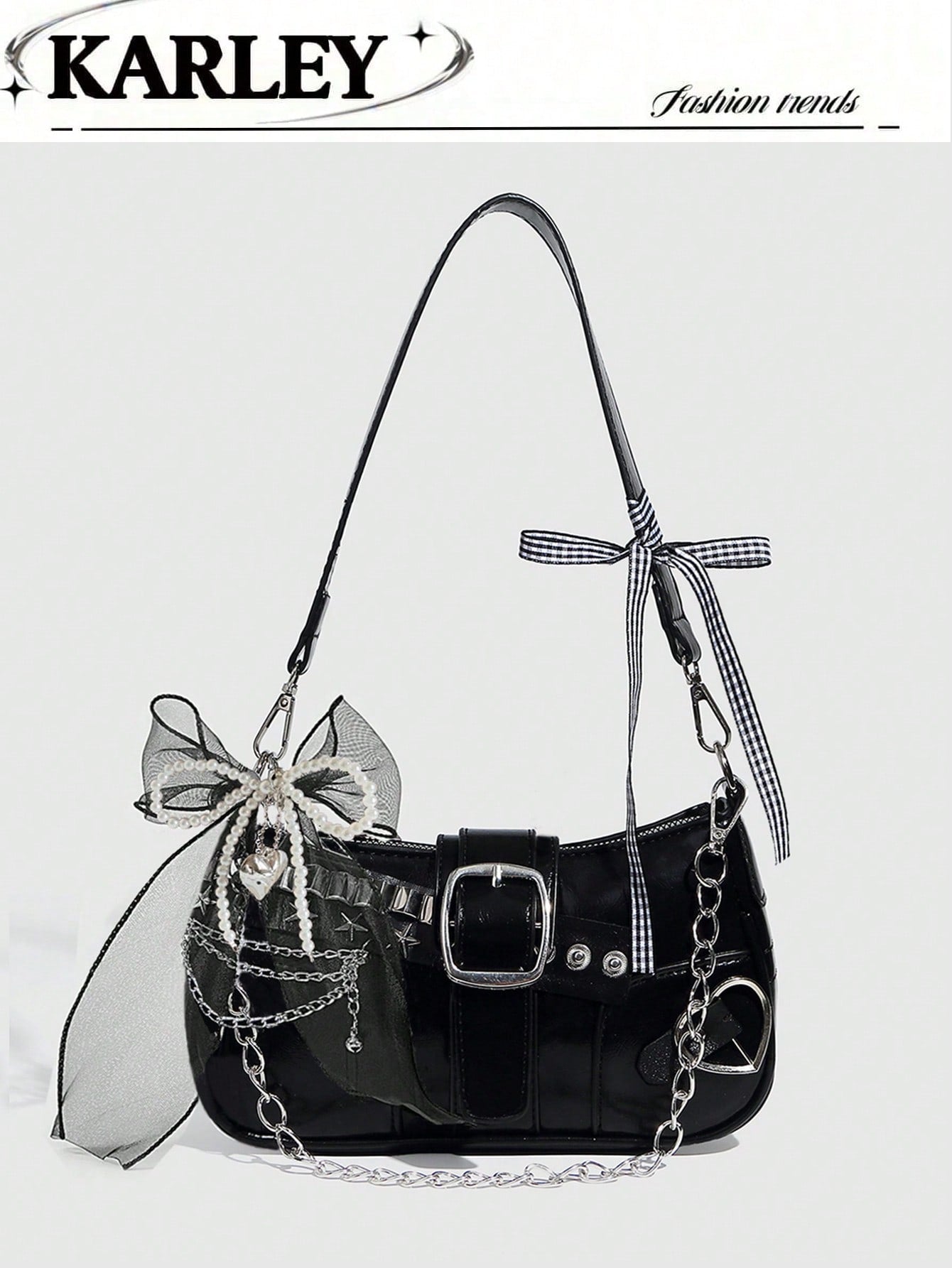 Y2K Lace Bow Bag with Unique Star & Moon Design Silver Shoulder Chain Crossbody Bag, Versatile for Streetwear, Party Outfits, Also Suitable as a Gift. Starry Print Black Handbag for Women