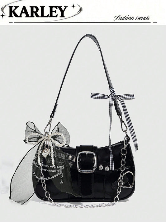 Y2K Lace Bow Bag with Unique Star & Moon Design Silver Shoulder Chain Crossbody Bag, Versatile for Streetwear, Party Outfits, Also Suitable as a Gift. Starry Print Black Handbag for Women