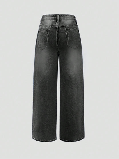 Women'S Y2K Washed Vintage Wide Leg Jeans, Casual Street Style, Autumn